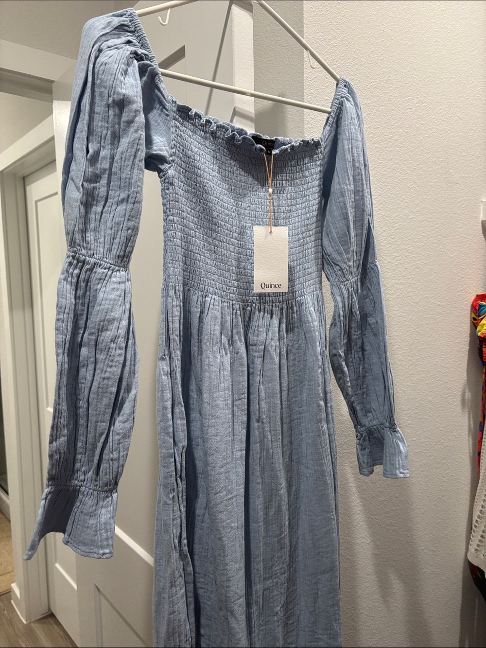 Quince Light Blue Off-Shoulder Smocked Maxi Dress